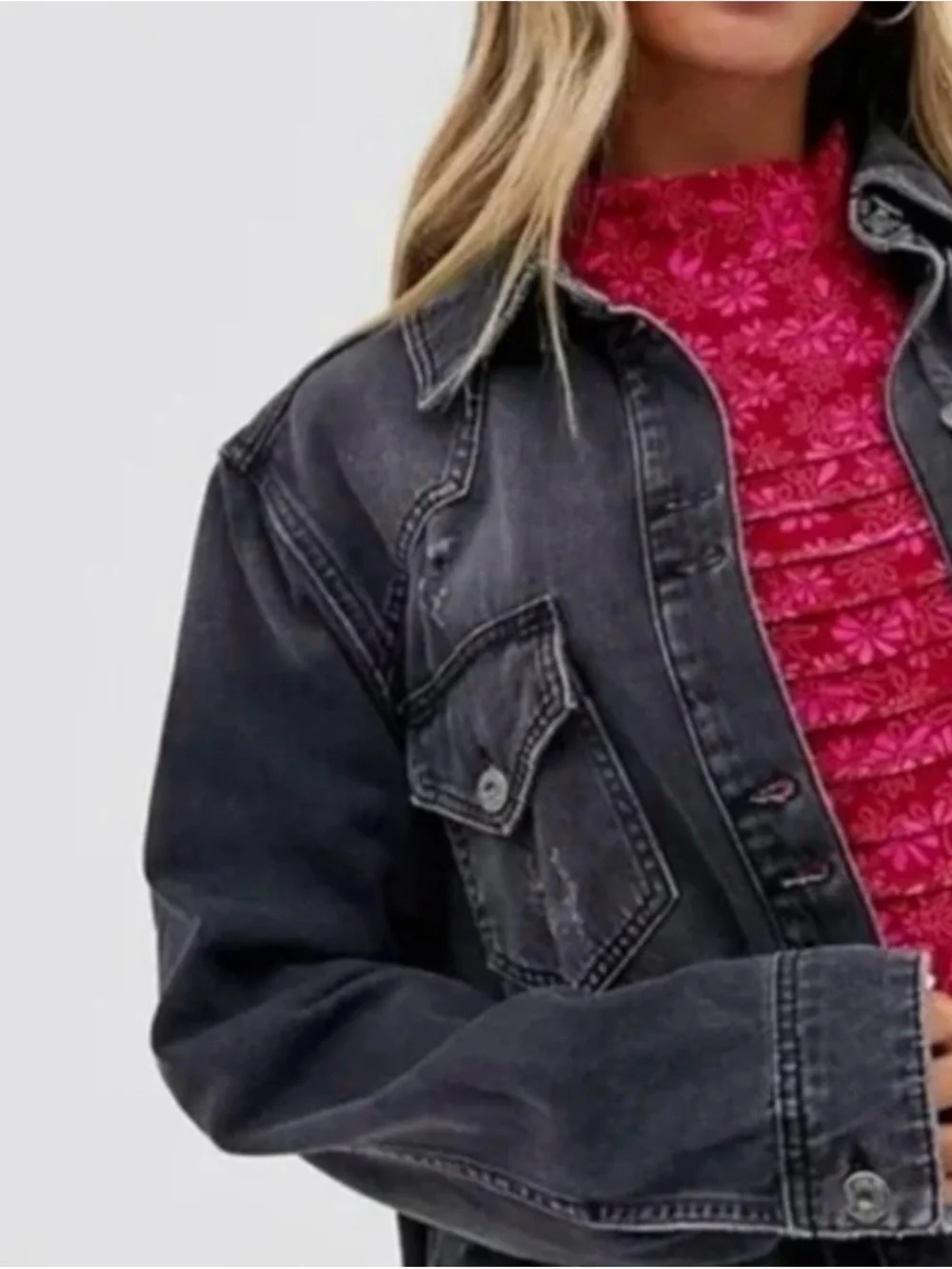 Free People Washed Black Distressed Denim Jacket - Picture 5 of 5